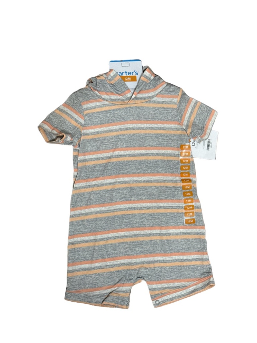 Carter's Gray Hooded Striped Baby Romper with Peach & Cream Accents